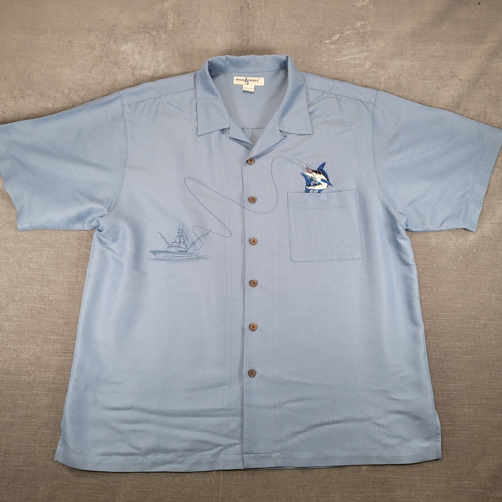 Hook & Tackle Mens XL Marlin Fishing‎ Boat Embroidered Camp Shirt Short Sleeve